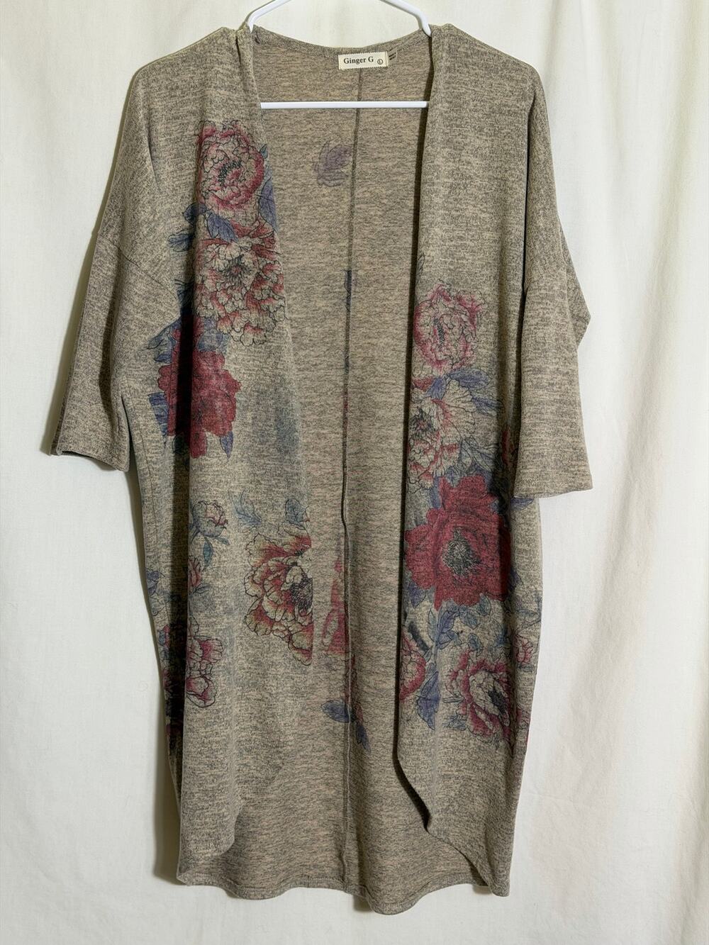 Ginger G Floral Duster Cardigan Womens L Open Front Gray Oatmeal Long Kimono
